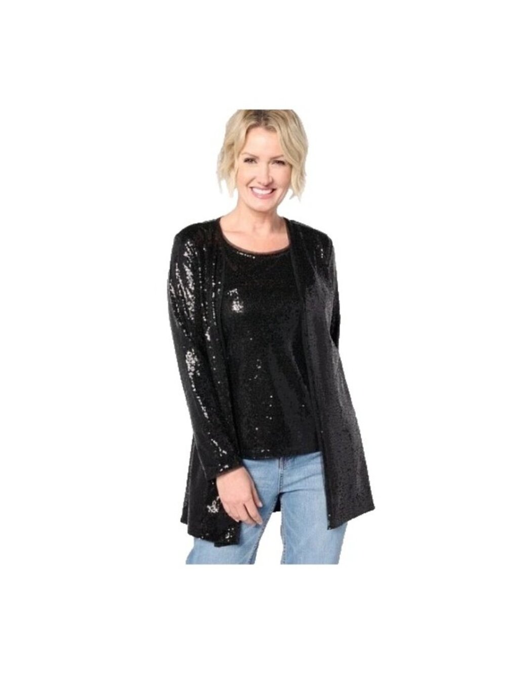 Isaac Mizrahi Live Cardigan XS Long Sleeve Sequin Top Black Embellished Disco